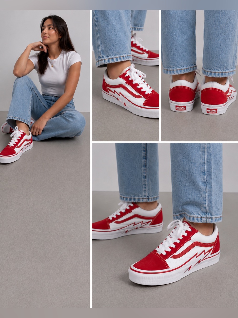 Vans Red and White Low-Top Sneakers with Lightning Stripe